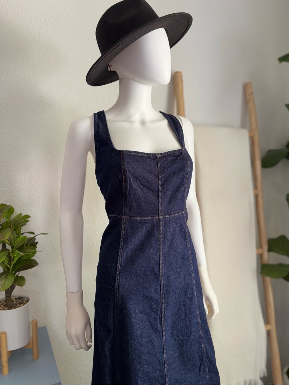 Dark Indigo Denim Midi Dress with Square Neck - Picture 4 of 9